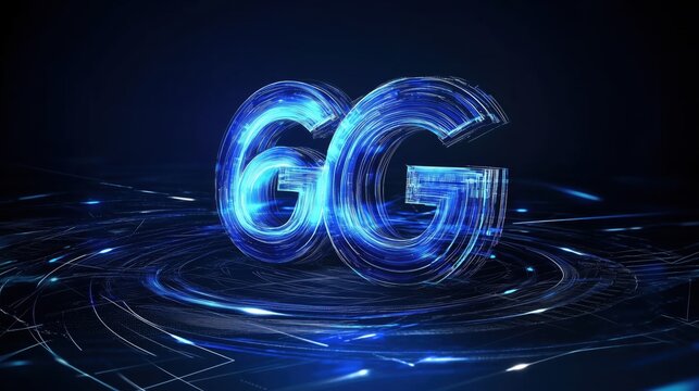 Illuminated 6G Technology Logo Glowing in Dark with Futuristic Digital Circles
