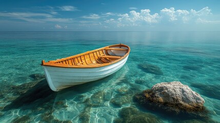 A serene wooden boat floating on crystal-clear waters near a rocky shore under a blue sky