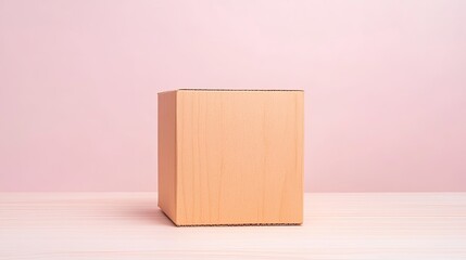 A simple wooden box placed on a light wooden surface against a soft pink background