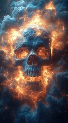 Fiery skull emerging from swirling clouds of smoke and flames, depicting a dramatic scene