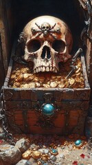 A detailed treasure chest overflowing with gold coins and a skull, set in a dimly lit environment