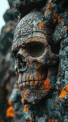 Close-up of an ancient stone skull sculpture covered in orange lichen, set against a blurred natural background