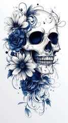 Intricate blue and white skull design adorned with flowers, showcasing artistic floral patterns