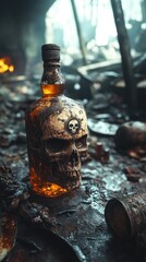 Distressed skull-shaped bottle with amber liquid amidst a burnt and chaotic environment