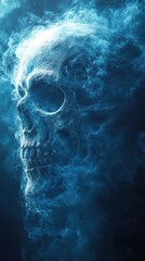 Ethereal blue smoke swirling around a hauntingly detailed skull, creating a mystical atmosphere