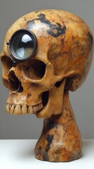 A detailed carved stone skull sculpture with a large lens mounted on its forehead, showcasing artistry