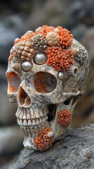 Intricate skull adorned with vibrant coral-like structures resting on a rocky surface