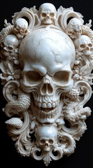 Intricate ivory skull sculpture surrounded by floral and skull motifs on a dark background