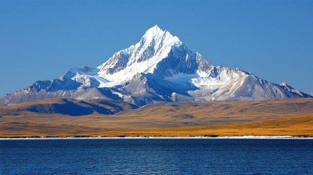Majestic snow-capped peak overlooking serene lake, autumn plains background; travel poster