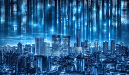 Stunning Futuristic Cityscape with Glowing Blue Data Streams Illuminating the Skyline at Night