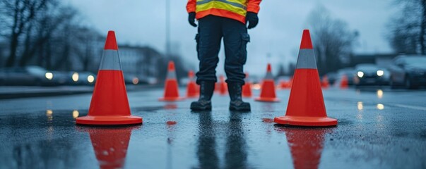 Enhance your road safety with our professional images featuring a Worker placing cones at infrastructure project High-visibility safety gear visible ensures worker protection, critical for traffic