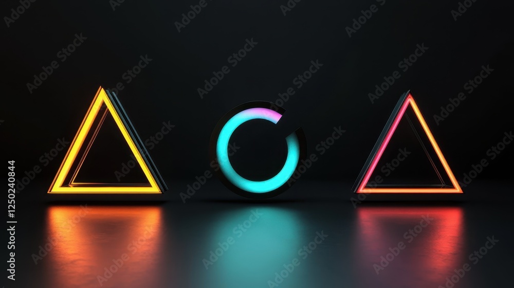 Poster abstract neon geometric shapes triangles and circle on dark reflective surface.