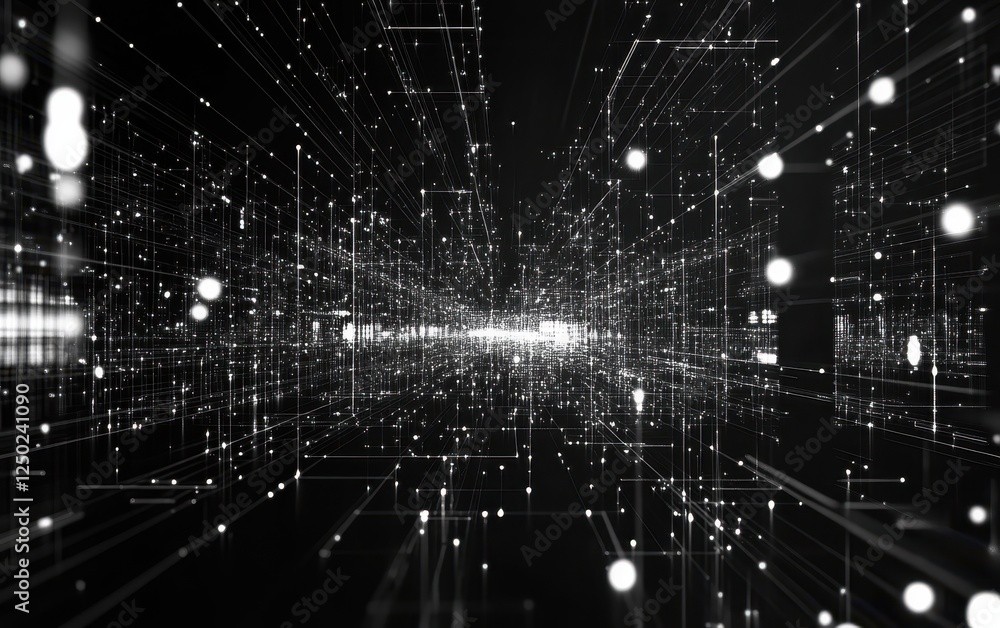 Poster abstract black and white network digital data flow, connection lines, and artificial intelligence co