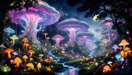 Enchanted Glowing Mushroom Forest at Night