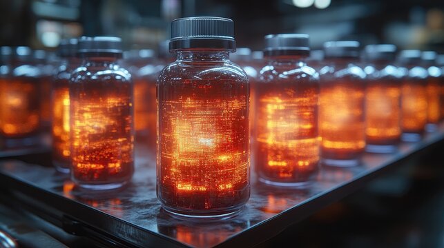 Glowing vials filled with vibrant orange liquid on a laboratory shelf, showcasing a futuristic setting