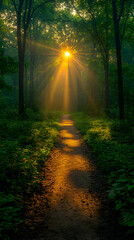 Golden Sunlight Path Through Misty Forest