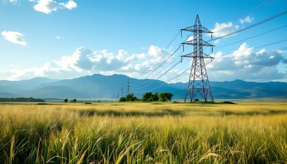 Golden Field Power Lines: Serene Landscape with Transmission Towers