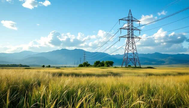 Golden Field Power Lines: Serene Landscape with Transmission Towers