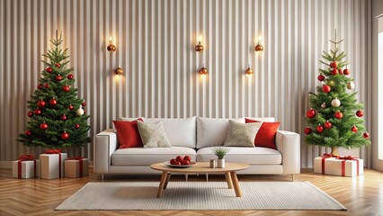 Obraz premium Modern Minimalist Living Room Christmas Decor: White Sofa, Red Pillows, Small Trees