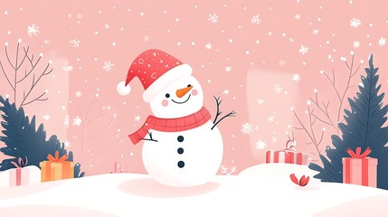 Cute Snowman in Snowfall, Christmas Scene