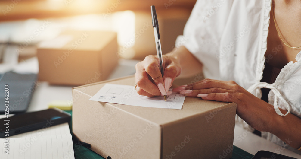 Poster hands, woman and box for writing note with distribution of online orders, invoice and shipping infor