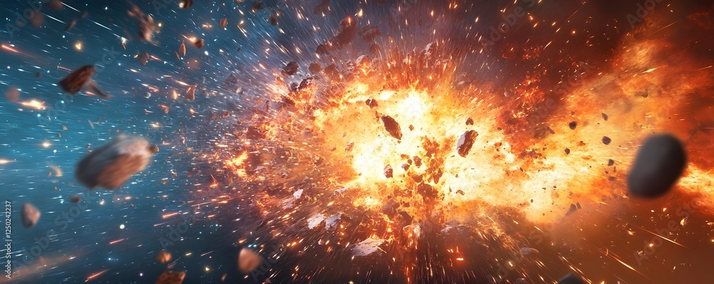 Aufkleber a massive spaceship crashing into an alien planet, creating a dramatic explosion with vibrant light 