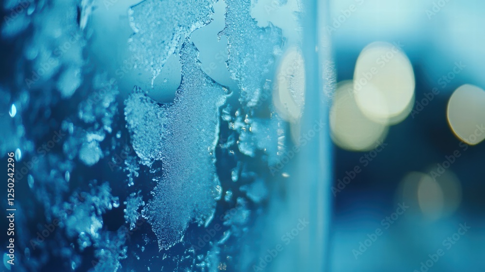 Poster close-up view of ice crystal patterns on frosted glass surface