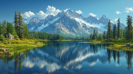 Serene Mountain Landscape with Reflection on Calm Lake Surrounded by Lush Green Forests