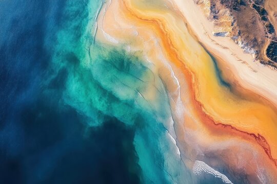 Aerial view of vibrant turquoise ocean meeting a sandy beach with orange and yellow hues. Perfect for travel, nature, or abstract design projects needing a calming, colorful aesthetic.