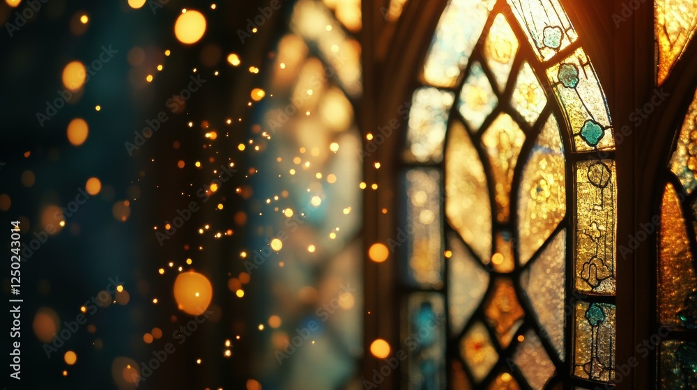 Poster captivating light and color through stained glass window with bokeh effect