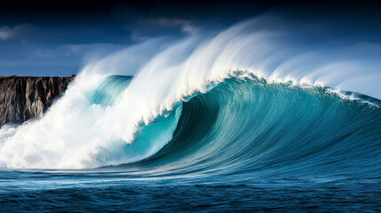 Dramatic ocean coastline. Dramatic ocean wave crashing with vibrant blue colors and white foam
