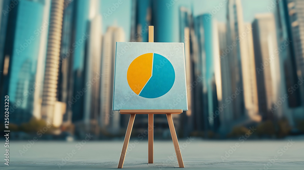 Poster a colorful pie chart on an easel in an urban setting with skyscrapers in the background, symbolizing