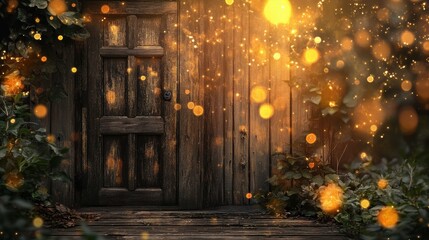 Enchanted Wooden Door Surrounded by Glowing Lights and Greenery