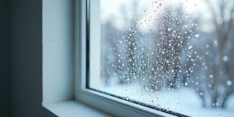 Raindrops clinging to a windowpane, a winter scene blurred beyond