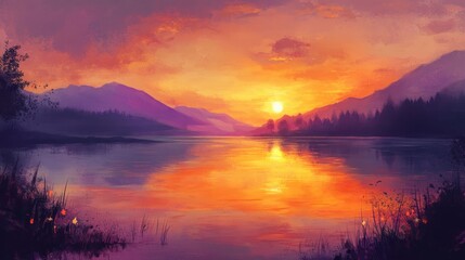 Fototapeta premium Serene Lake Sunset Painting Vibrant Reflection, Purple Mountains, and Golden Sky Artwork