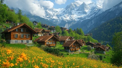 Fototapeta premium Scenic Swiss village surrounded by majestic mountains and blooming flowers in the foreground