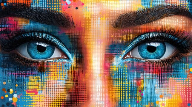 Close-up of a vibrant, artistic face painting emphasizing striking blue eyes and colorful patterns