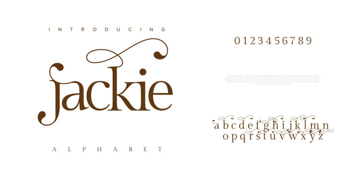 Jackie typography beauty fashion elegant minimalist serif italic fonts decorative wedding vintage retro logos. Minimal luxury font alphabet logo. Vector illustration