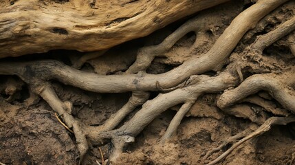 Fototapeta premium Closeup View Of Intricate Tree Roots And Dirt Keywords roots,dirt,wood,brown,nature,ground,tree,ea