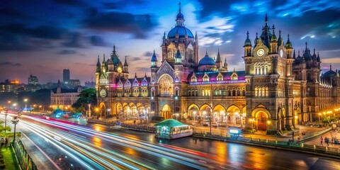 Obraz premium Mumbai Nightlapse: Chhatrapati Shivaji Maharaj Terminus Double Exposure