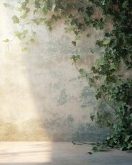Rustic Wall with Green Ivy Vines Natural Background with Copy Space