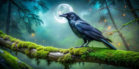 Fototapeta premium Mysterious Raven in Moonlit Forest - Eerie Night Scene Stock Photo