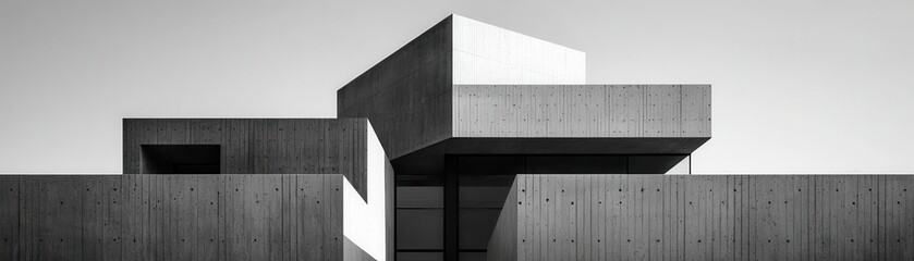 A modern architectural structure featuring angular shapes and contrasting materials, captured in a minimalist black-and-white aesthetic.