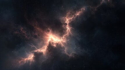 Naklejka premium Dramatic Lightning Storm in Dark Sky with Ominous Clouds and Twinkling Stars, Nature's Power.