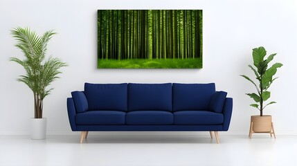 Modern Living Room with Blue Sofa and Vertical Bamboo Artwork on Wall with Indoor Plants and Bright Natural Light Creating a Peaceful Atmosphere