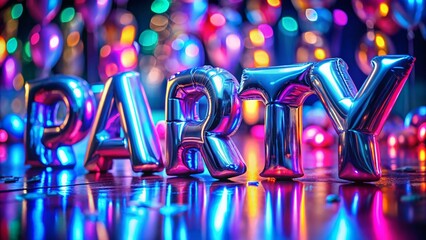 Neon Party Balloons Reflective Surface Blue Light Stock Photo