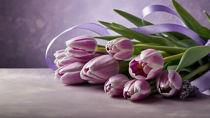 Floral arrangement purple tulips  lavender background