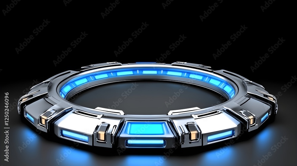 Poster futuristic circular portal with glowing blue lights and metallic structure for sci-fi concepts and v