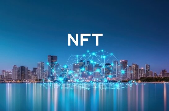 Stunning Cityscape with Digital NFT Art Overlays and Futuristic Connectivity Visualization