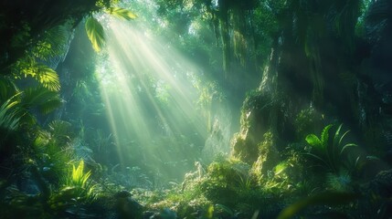 Fototapeta premium Lush Tropical Rainforest Scene with Sunbeams Filtering Through Canopy
